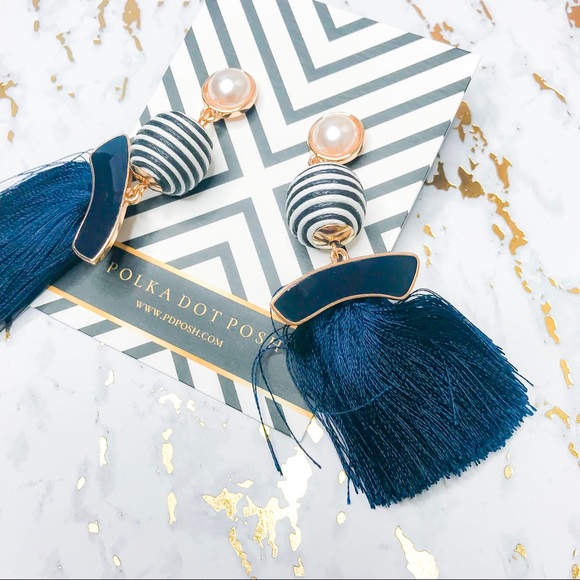 Navy Nautical Pearl Striped Fringe Earrings - Picture 2 of 3